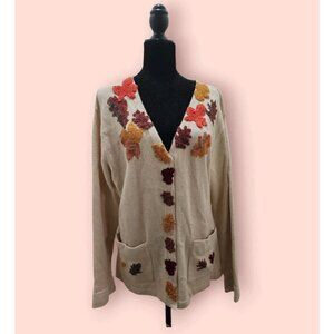 Vintage J Two New York Cream Fall Leaf Embroidered Knit Cardigan Sweater Sz XL